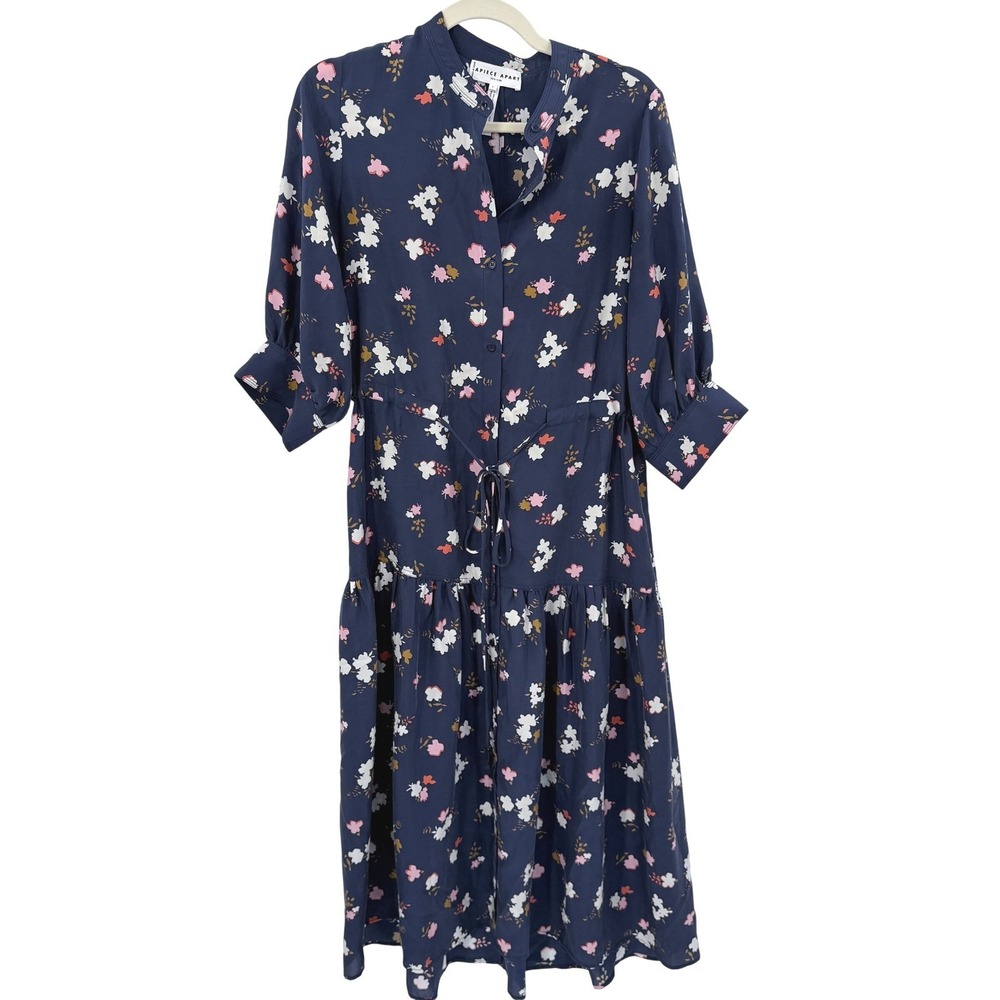 Apiece Apart Dunegrass Navy Blue Floral 100% Silk Tiered Midi Dress 3/4 Puff Slv